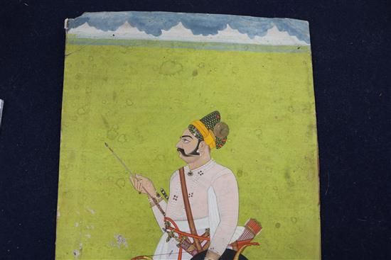 19th century Indian School, gouache on card, portrait of a warrior holding a bow and arrow,